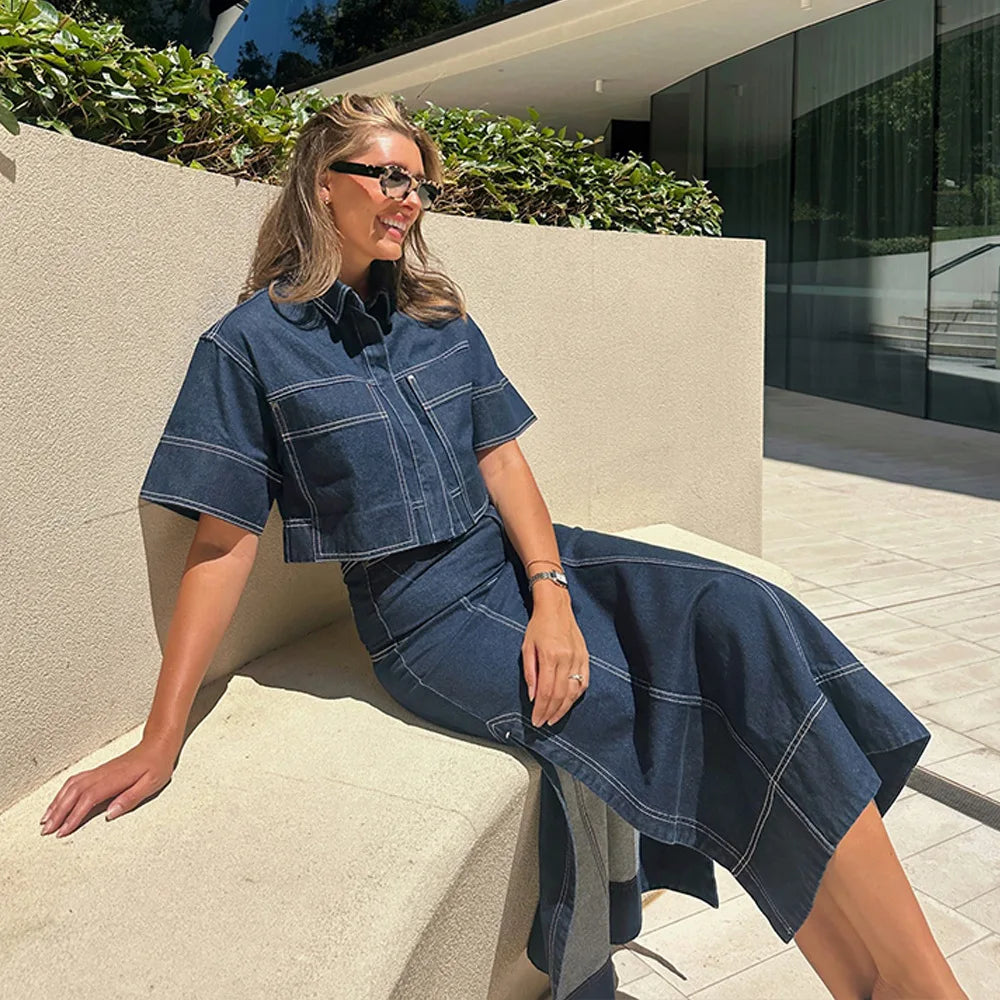Skirt Suit Women Denim Shirt Long Skirts 2 Piece Sets Washed Vintage Ensemble Single Breasted Overshirt Top Summer Outfits