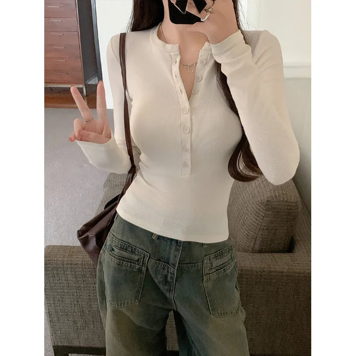 Sexy and Pure Button Up Long Sleeved T-shirt for Women, V-neck Slim Fit Bottom Top