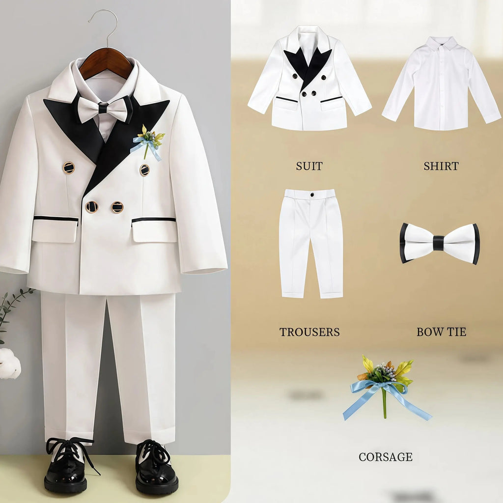 Children Three-Piece White Wedding Suit Kids Jacket Pants Bow Tie For Flower Boys Birthday Tuxedo Party Photograph Formal Outfit