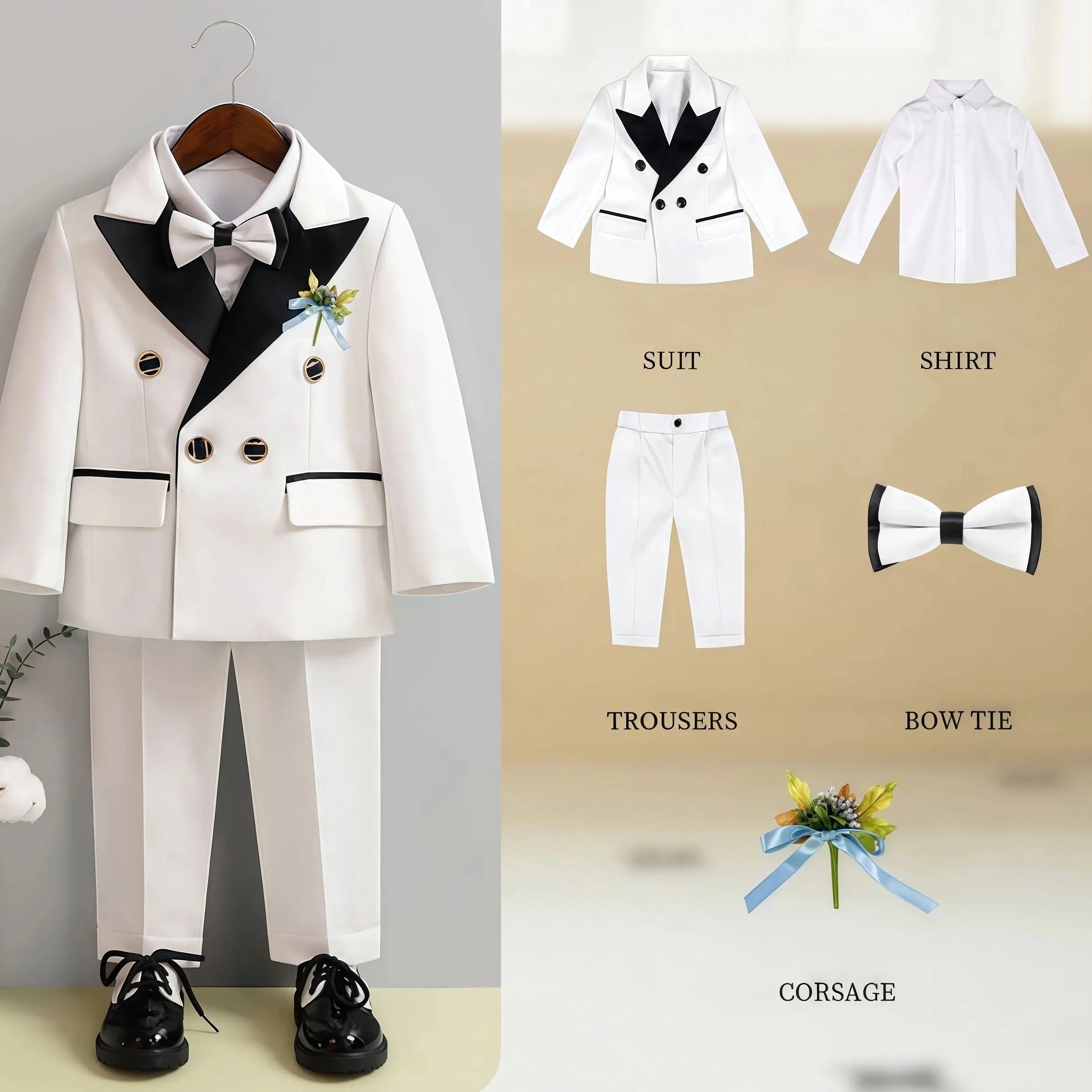 Children Three-Piece White Wedding Suit Kids Jacket Pants Bow Tie For Flower Boys Birthday Tuxedo Party Photograph Formal Outfit