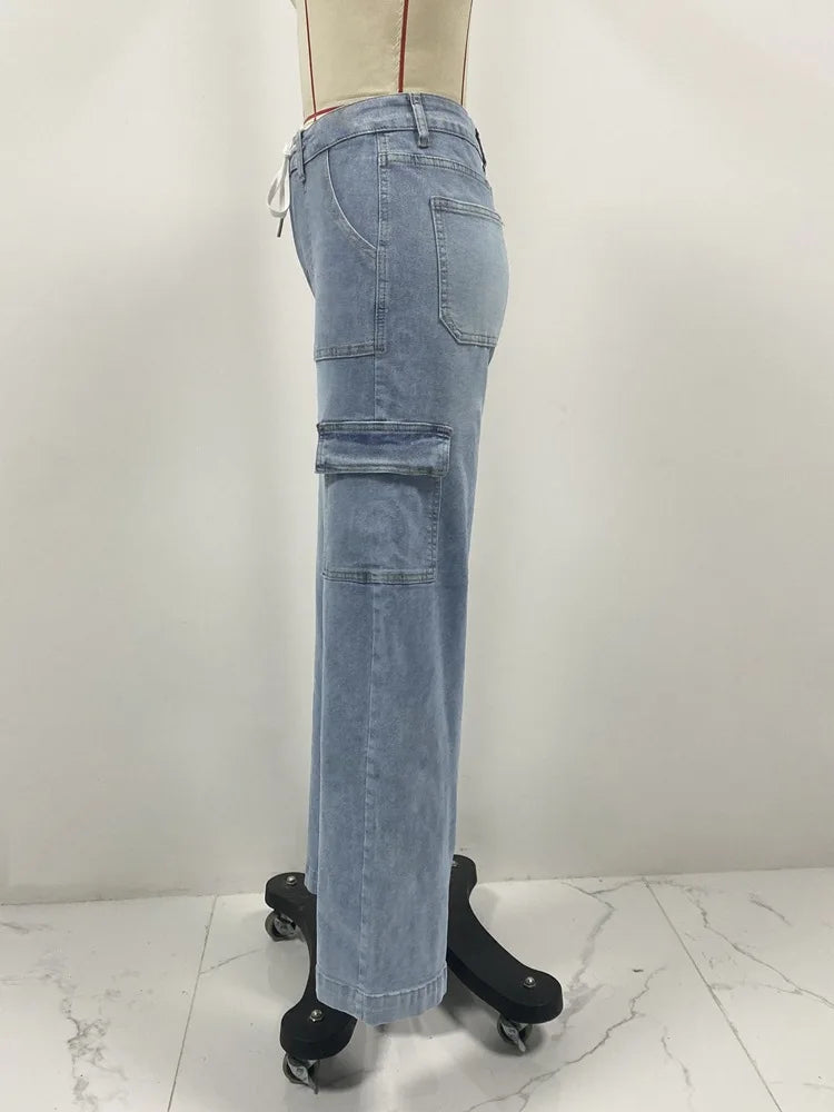 2026 Women's Casual Straight Leg Jeans Pants Fashion Style Belt and Multiple Pockets Functional Work Pants Female Cargo Trousers