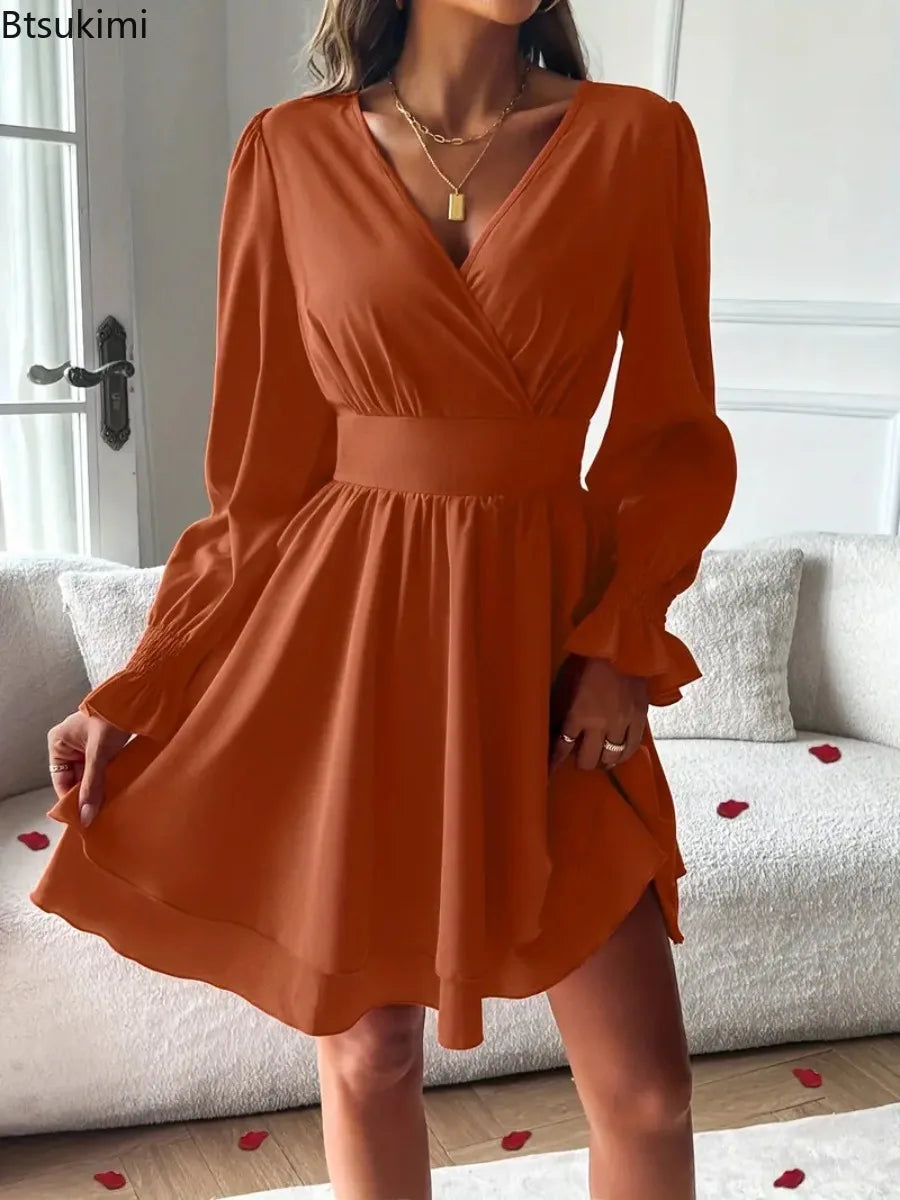 Summer New Dresses 2026 Woman Clothing V-Neck Lantern Sleeve Wrap Mini Dress Ruched Waisted Dress Elegant for Spring Party Dress