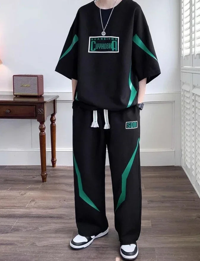 Male T Shirt Trousers Sets Smooth Sports Suits Alphabet Men's Pants Set Two-piece Outfits Xl Offer Korean Style Stylish Casual