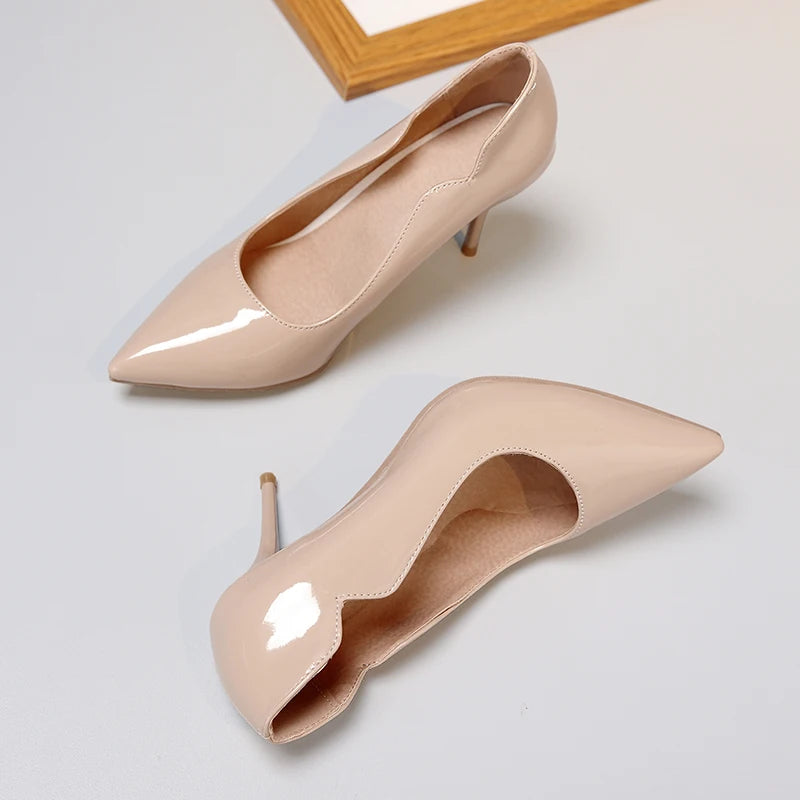 Nude High-Heeled Shoes for Women, Thin Heels, Pointed Toes, Small Size 30, 2024 New Style for Ladies, Elegant Spring and Autumn White Sexy Patent Leather Professional Black Women's Single Shoes, European and American Extra La