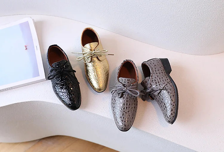 Boys Leather Shoes Pointed Toe Children Performance Shoes Low Heels British Style School Kids Shoes Gold Lace Up Casual Loafers