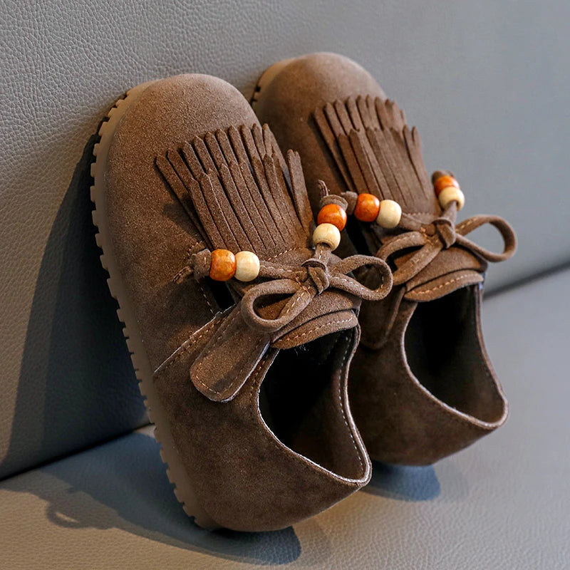 Girls' All-inclusive fringed Boken shoes 2025 Autumn Edition Soft-soled little girl princess Shoes Children's Bean single shoes