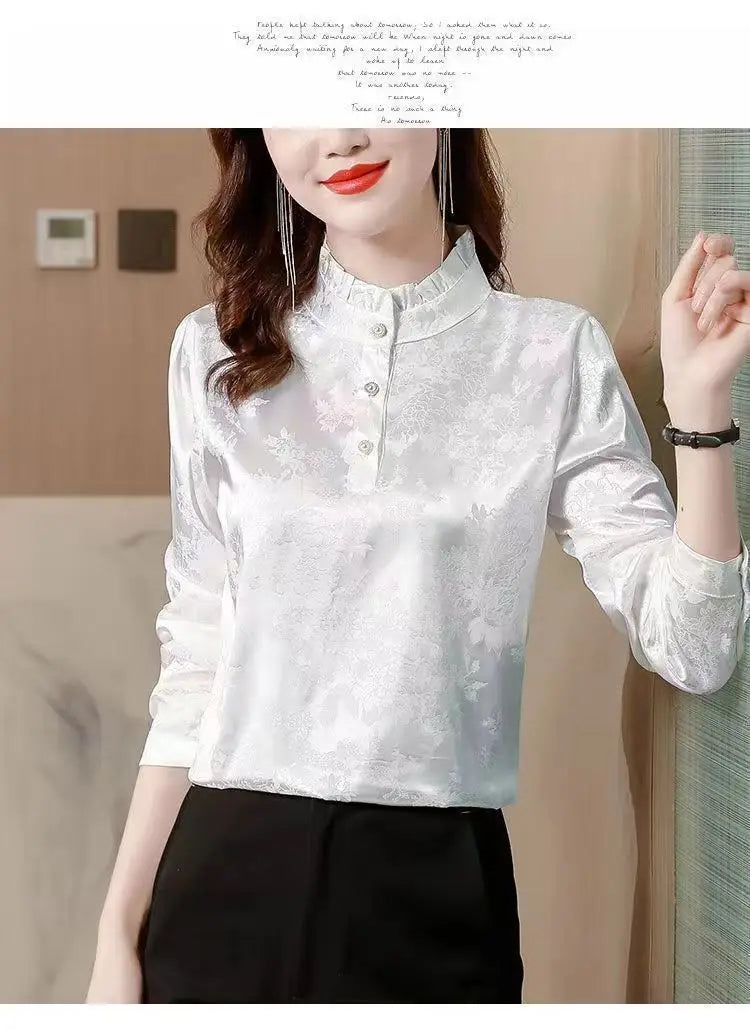 Premium Satin Blouse Women Spring Age-Reducing Print Loose Long Sleeve Top Fashion Elegant Collar Shirt