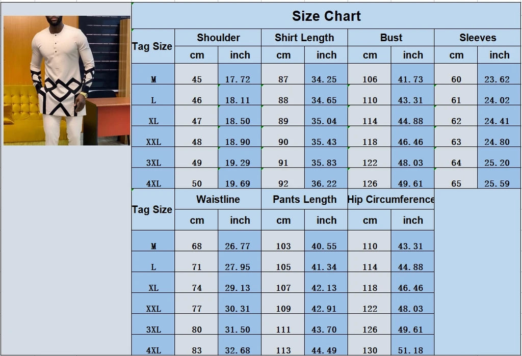 African Traditional Men Suit Printed Shirt Top Elastic Waist Pants White Wedding 2 Piece Set Outfits Ethnic Style Costumes