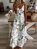 Summer Vacation Dress for Women Floral Leaf Print V Neck Sleeveless A Line Dress Casual Beach Party Outfit Lightweight