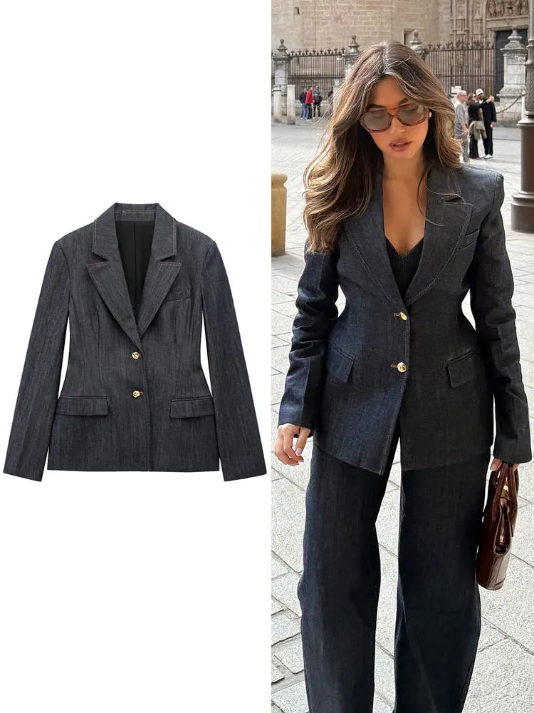 HH Women Denim Blazer Coat Single Breasted Long Sleeve Lapel Suit Jacket With Pockets Female 2025 Spring New Fashion Outwear