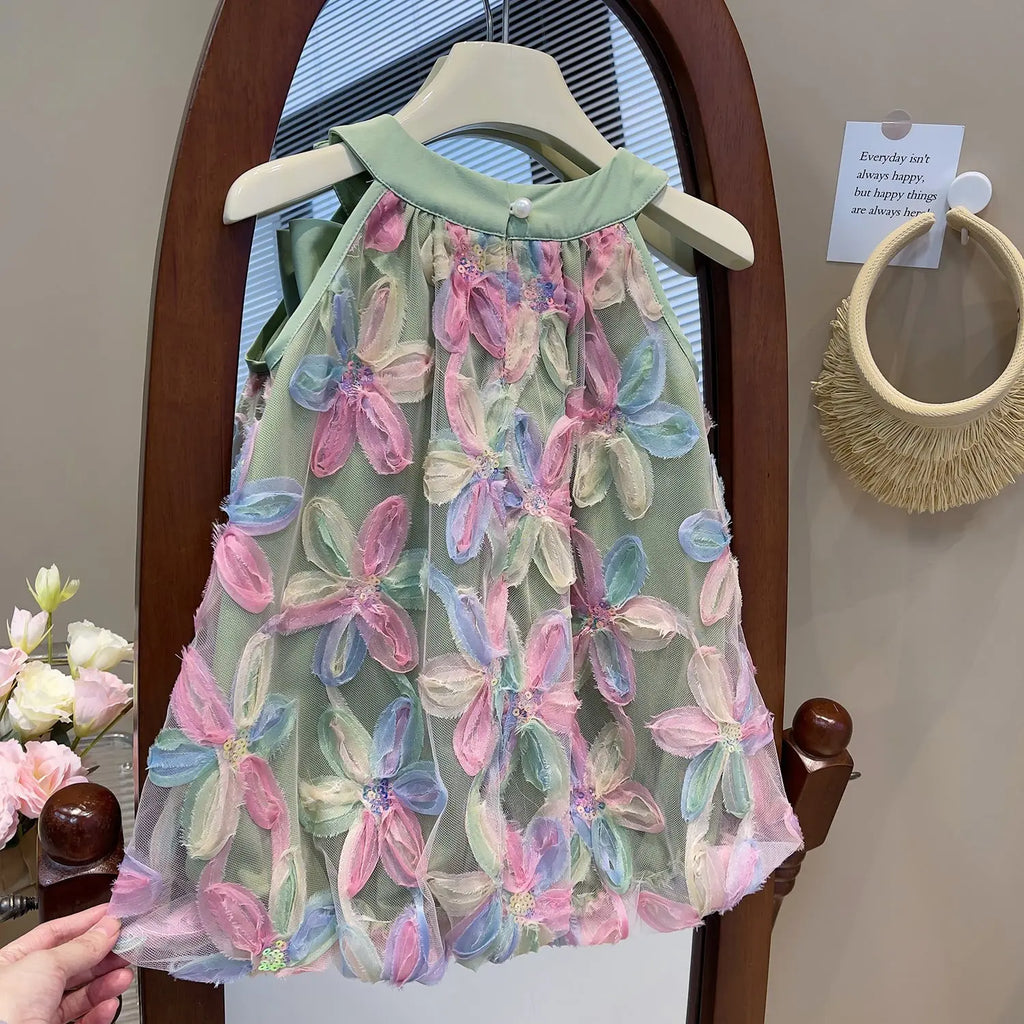 Summer Girls Dresses Children Clothes Sleeveless Round Neck Mesh Big Bow Princess Dress Kids Rainbow Flower Tutu Holiday Dress