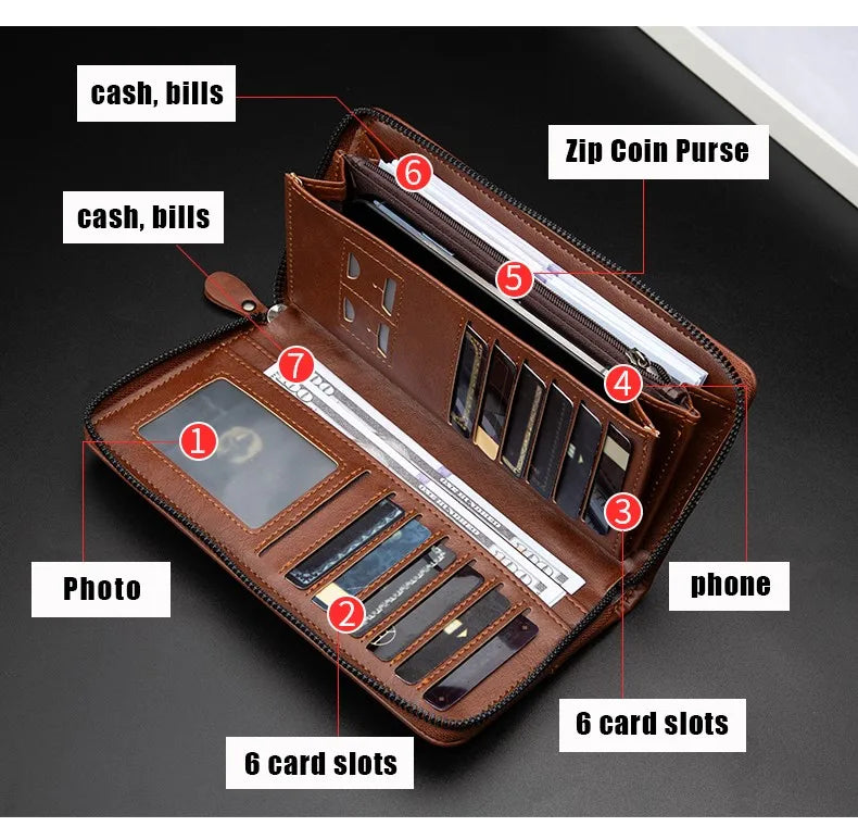 Men's Long Zipper Wallet High Quality Pu Leather Wallet For Men RFID Blocking Business Clutch Bag Credit Card Holder Purse Man