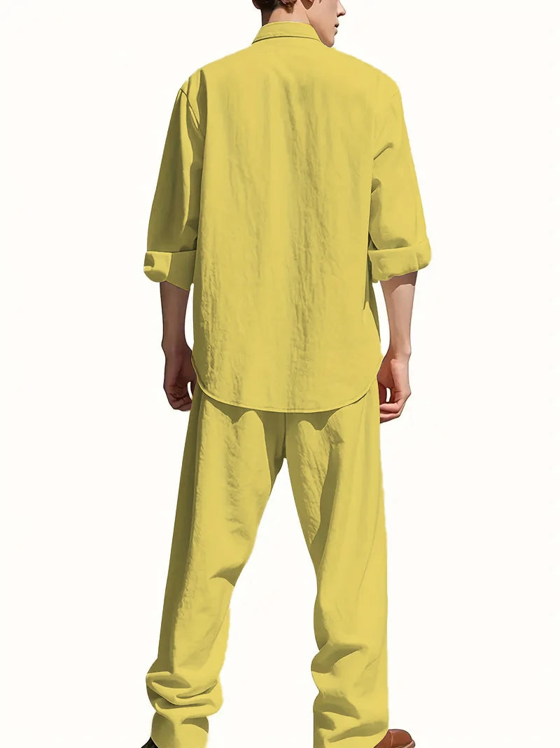 Men's White Linen Suit Set Long Sleeve Henley Shirt and Elastic Waist Pants Two Piece Outfit Summer Casual Comfortable