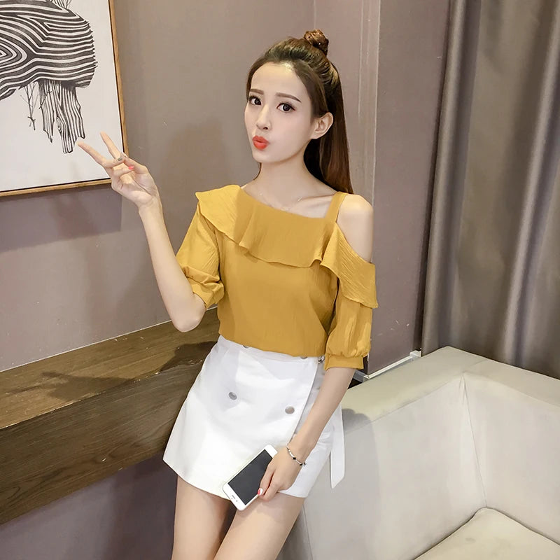 Fashion Women Blouses Sexy Slash Neck Chiffon Women Blouse Shirt Short Sleeve Summer Ladies Tops