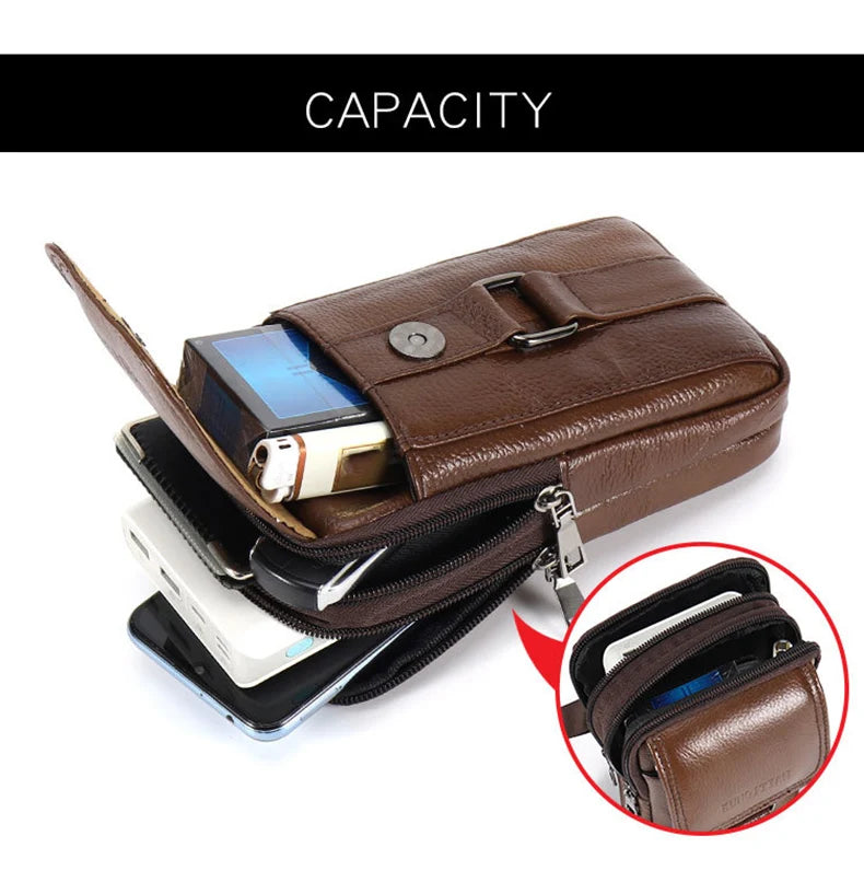 Men's Mobile Phone Waist Bag Outdoor Work Chest Bag PU Cigarette Case Key Chain Wear Belt Backpack Sport Hiking Portable Satchel