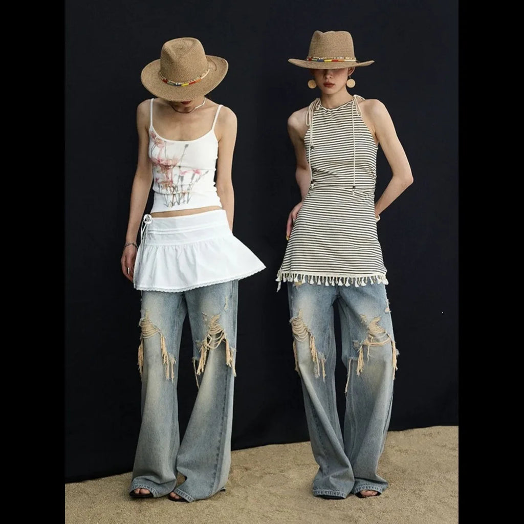 2026 New Women's Jeans Trendy Brand High Street Splicing Distressed Loose Casual Wide Legs Straight Long
