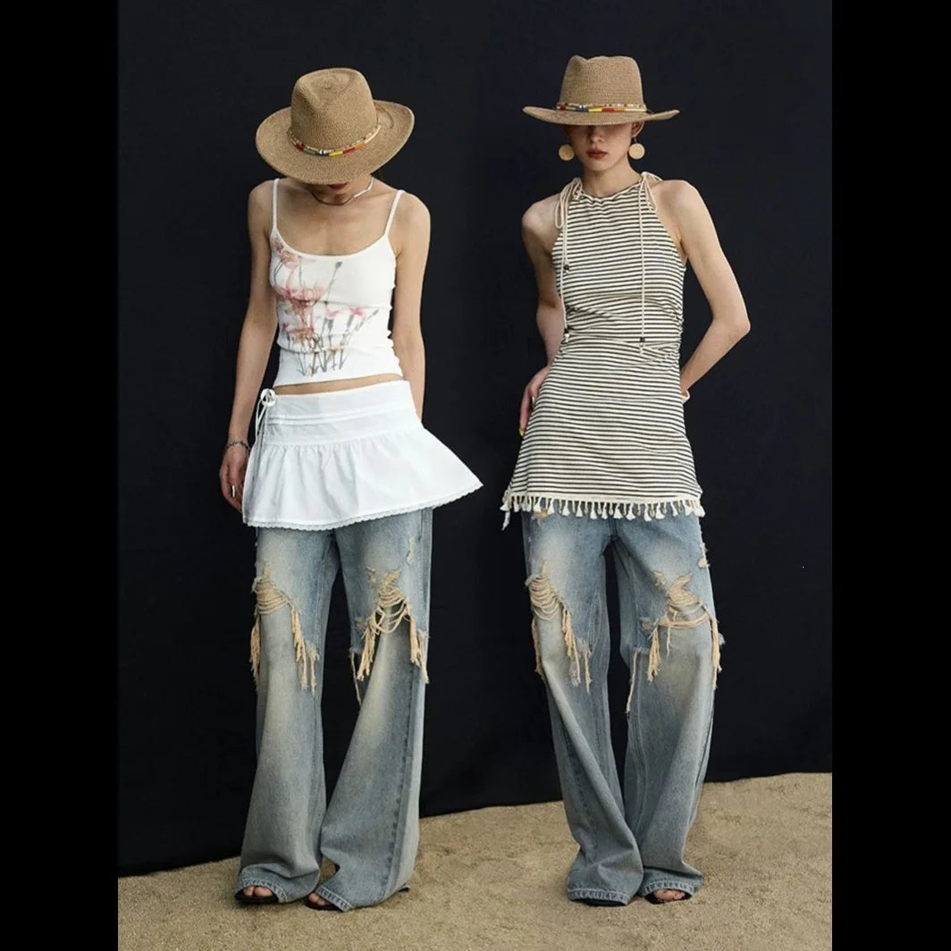 2026 New Women's Jeans Trendy Brand High Street Splicing Distressed Loose Casual Wide Legs Straight Long