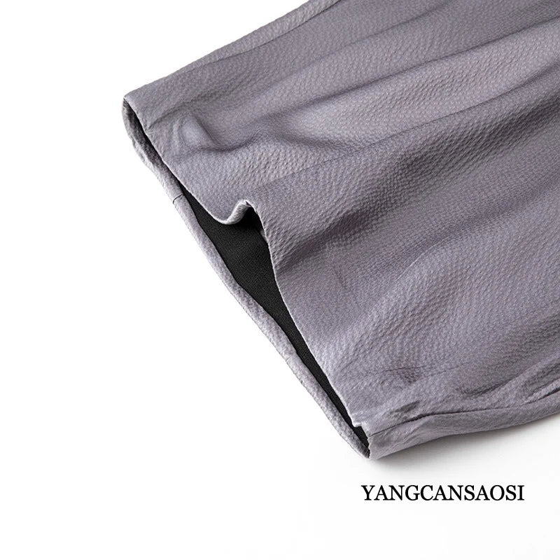 2025 Women's Summer New 100% Natural Mulberry Silk Pearl Satin Dark Grey Elegant Diagonal Cut Wrapped Hip Fishtail Skirt