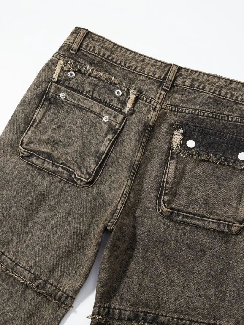 American-style high street heavy-duty workwear jeans for men, distressed with frayed edges, wide-leg, trendy and rugged long pan