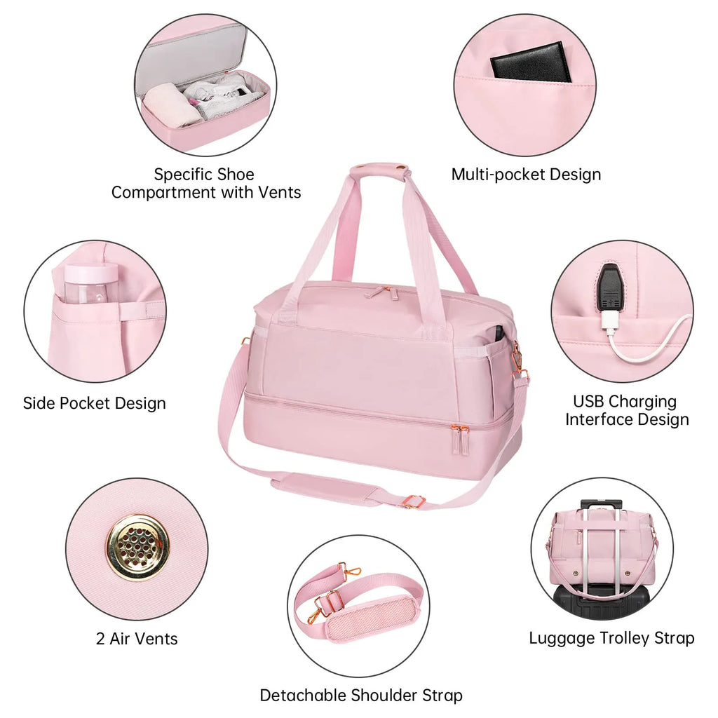 2Pcs Weekender Bag for Women Gym Bag with USB Charging Port Travel Duffle Bag Shoe Compartment Carry on Overnight