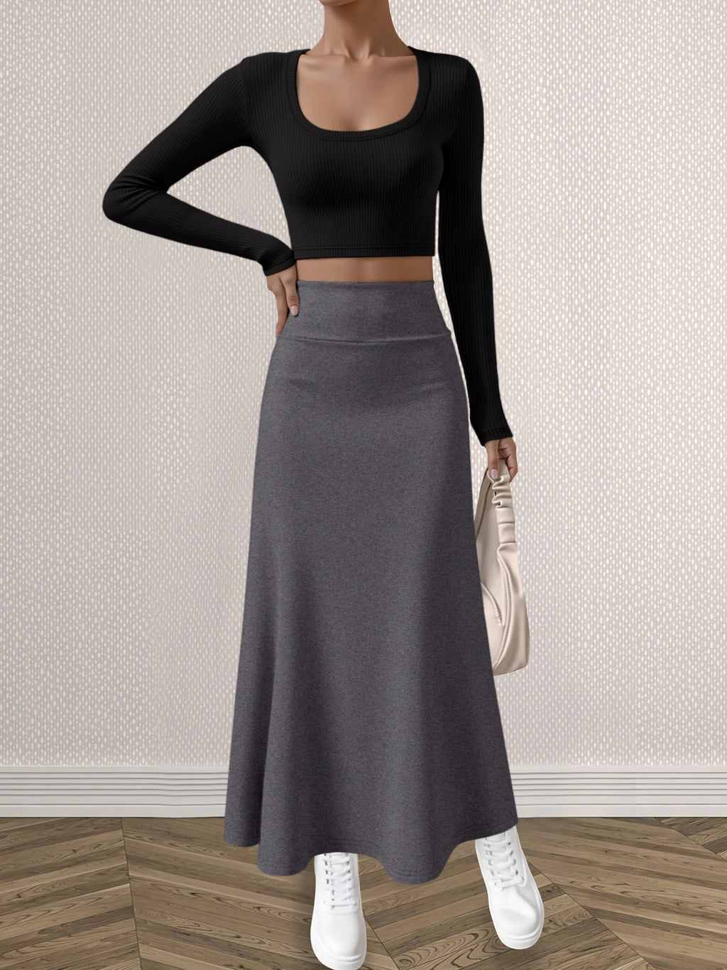 Mature Style Women 2Pcs Outfit, Ribbed Square Neck Crop Top + High Waist Draped A-Line Maxi Skirt