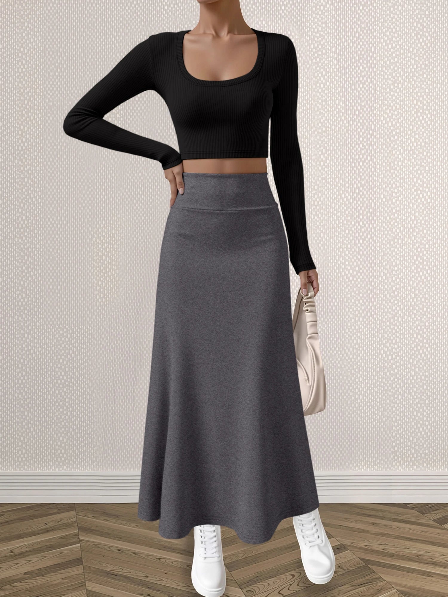 Mature Style Women 2Pcs Outfit, Ribbed Square Neck Crop Top + High Waist Draped A-Line Maxi Skirt