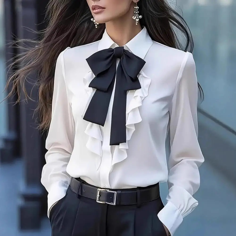 Women Shirts 2026 Spring Autumn Women Shirt Lapel Bow Ruffle Design Long Sleeve Shirt Tops Buttons Closure Shirt Blouses Tops