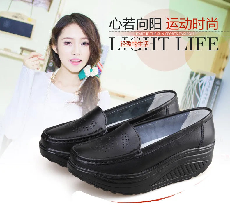 Women's shoes Genuine leather women's nurse shoes rocking shoes platform casual slope heel work shoes platform shoes