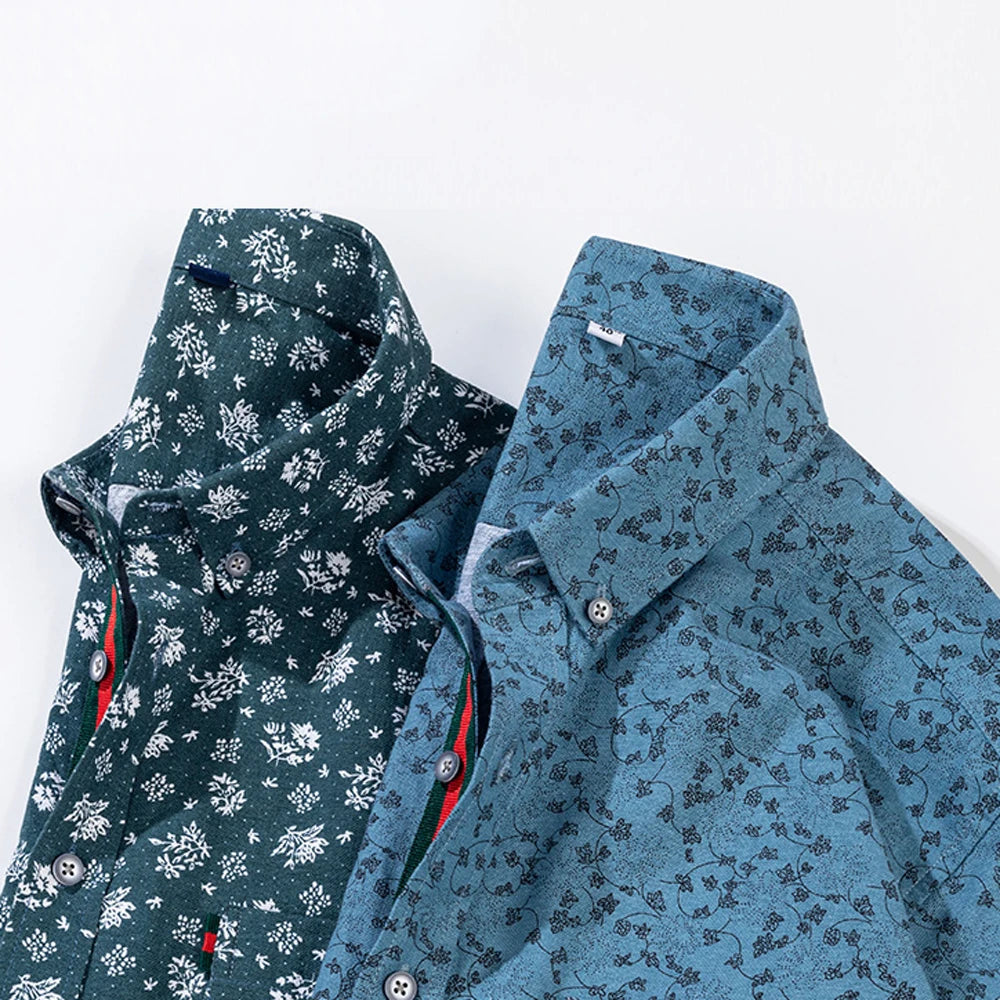 Men's Stylish Floral Print Button-Up Collar Dress Shirt with Stripe Placket, Holiday Style 100% Cotton Long Sleeve Oxford Shirts