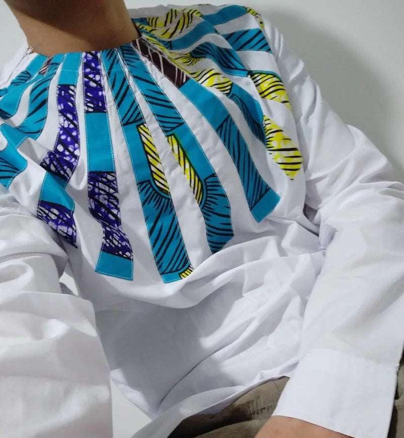 Nigerian Fashion White Men's Shirts O-Neck Modern Design Sector Patchwork Tops Customized African Wedding Party Wear