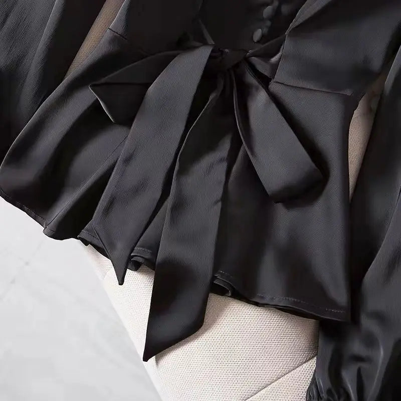 L-4XL Blouses Women Elegant Solid Black V-neck Design Button Bow Shirts High Street Fashion Slim Long Sleeve Tops Lady Clothing