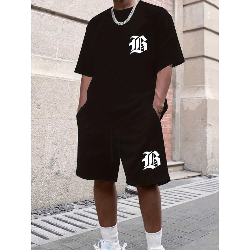 Men'S Casual Black T T-Shirt And Shorts Set，With A Bold“B”Printing - Machine Washable，Summer Streetwear