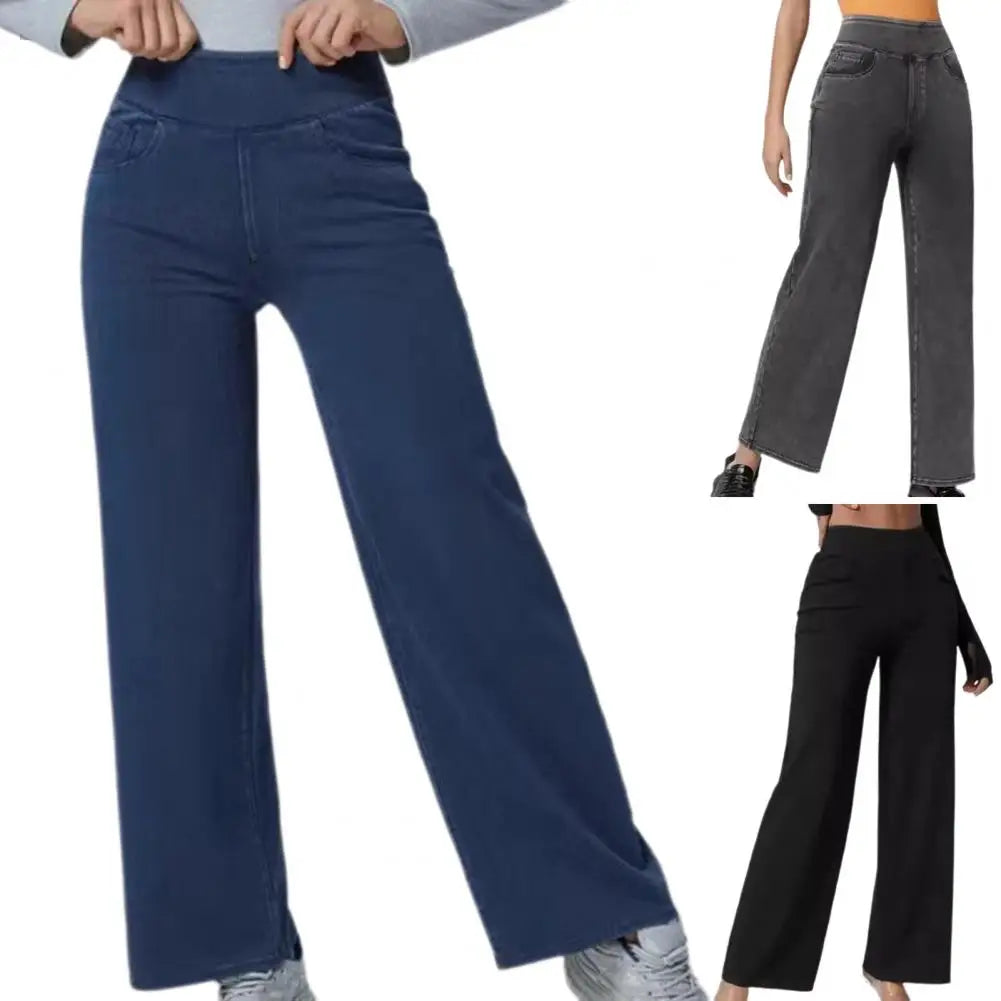 Women Jeans Elastic High Waist Slim Fit Slightly Flared Pull-On Wide Leg Long Denim Pants With Pockets Solid Color Female Jeans