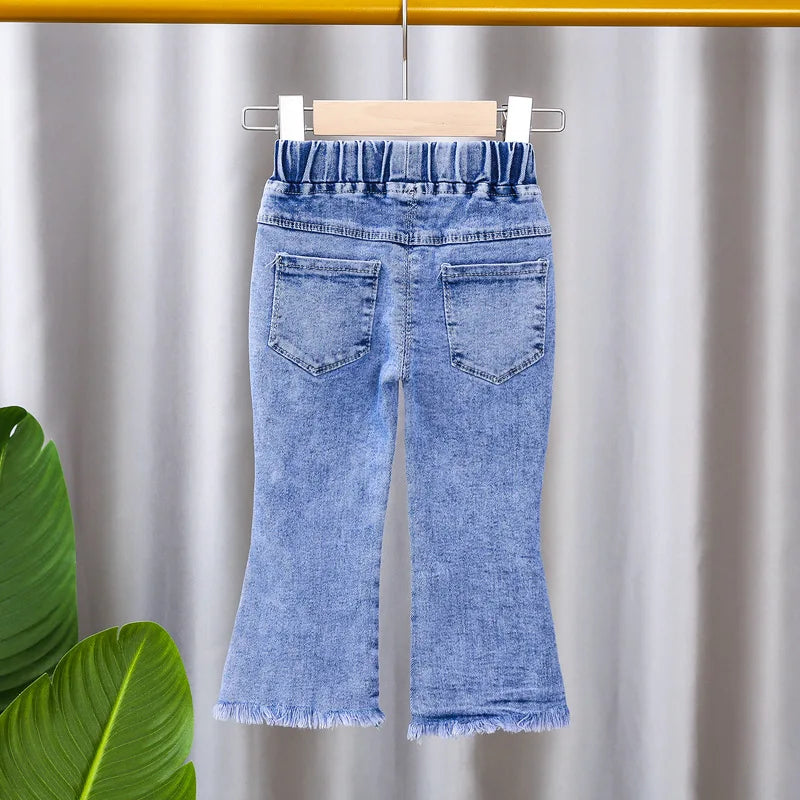 Jeans for Kids Girls Trousers Spring Autumn 2023 New Bow Bell-bottomed Stretch Princess pants for children Girl Denim Pants