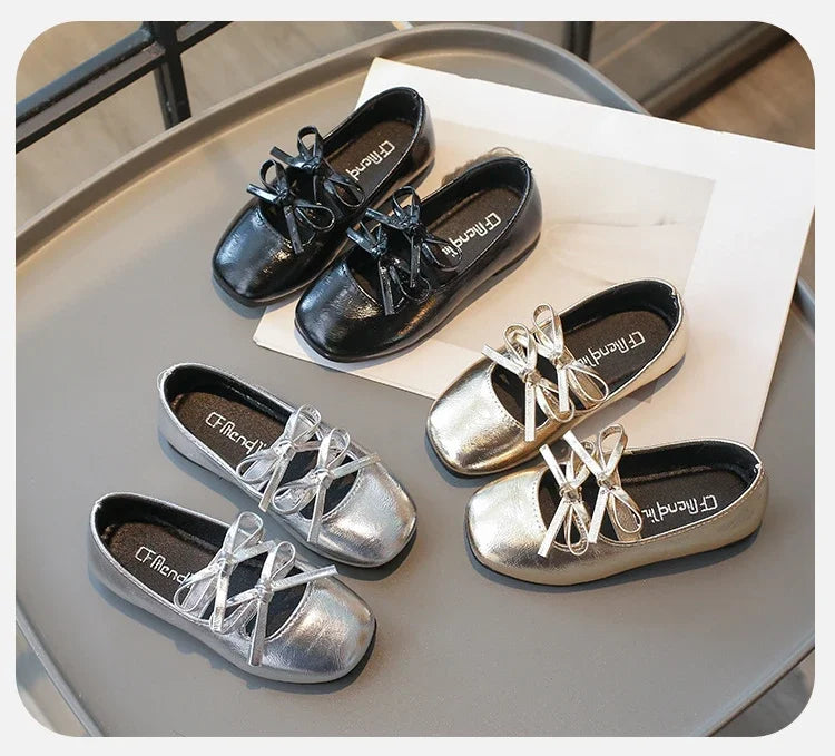 Elegant Girl Princess Shoes New Kids Leather Shoe Spring Autumn Children's Fashion Causal Black Ballet Shoes Solid Color Bowknot