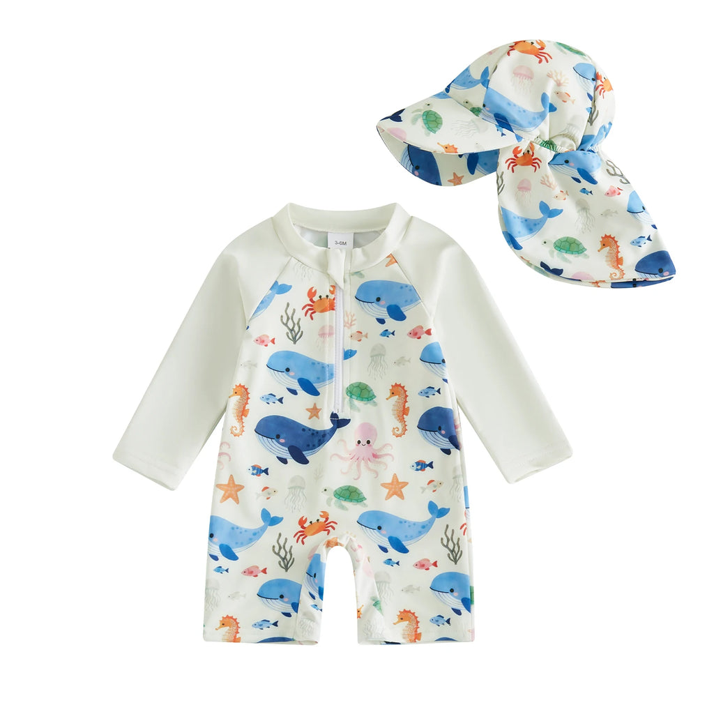 Summer Toddler Kids Baby Boys Swimsuits Long Sleeve Animal Print Rash Guard Jumpsuits with Hats Swimwear Beachwear