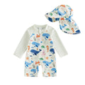 Summer Toddler Kids Baby Boys Swimsuits Long Sleeve Animal Print Rash Guard Jumpsuits with Hats Swimwear Beachwear