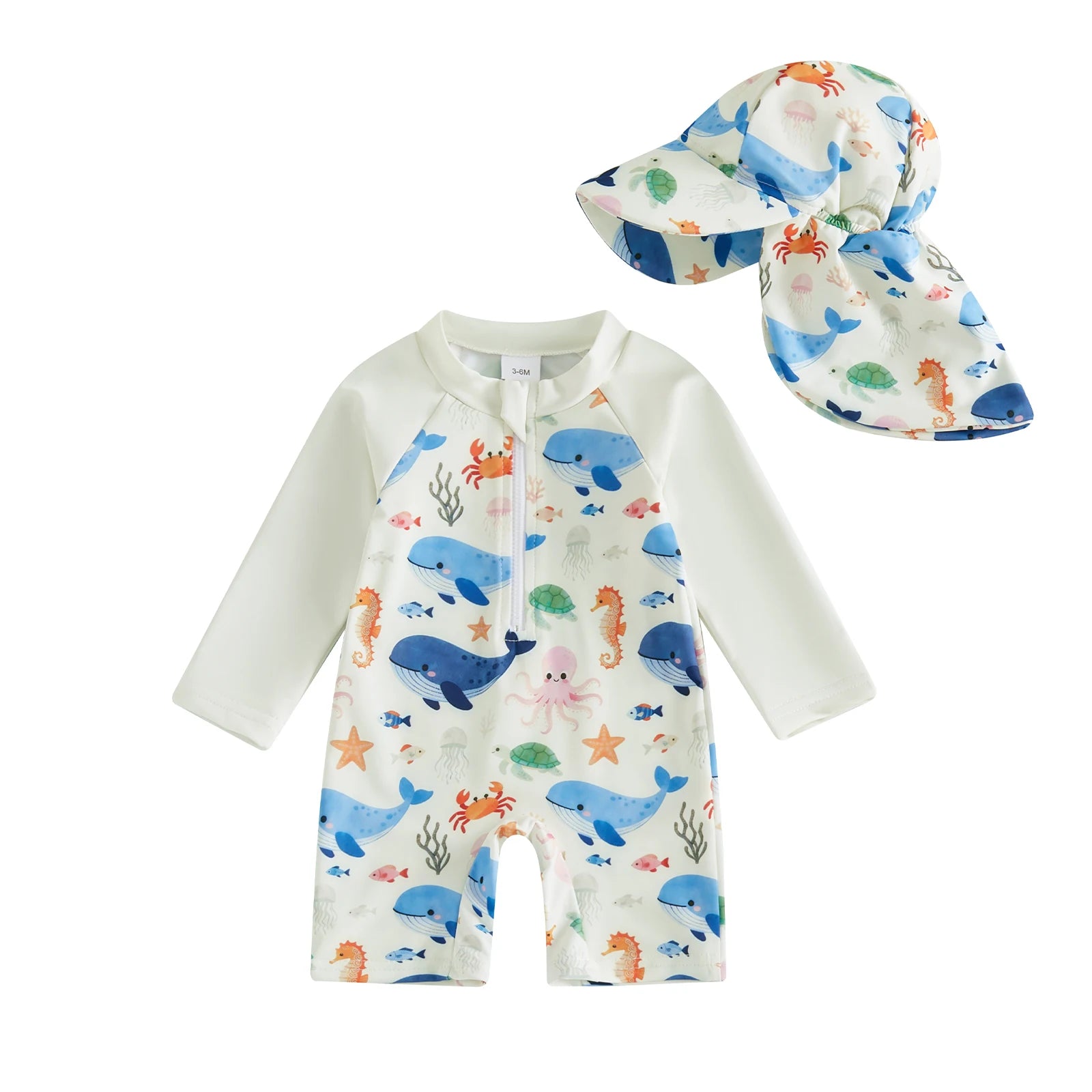 Summer Toddler Kids Baby Boys Swimsuits Long Sleeve Animal Print Rash Guard Jumpsuits with Hats Swimwear Beachwear