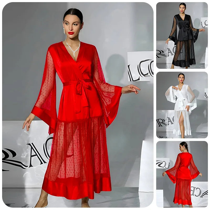 Summer Women Sexy Mesh Maxi Dress V-Neck Belted Polka Dot Sheer Robe Flare Sleeve Party Wedding Nightgown Beach Cover Up Vestido