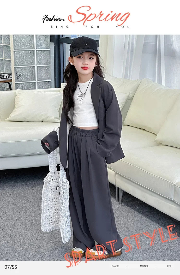 Girls Blazer Set Spring Autumn Fashion Loose Fit Jacket Trousers 2-Piece Kids Casual Outfit Trendy School Children Clothes Suit