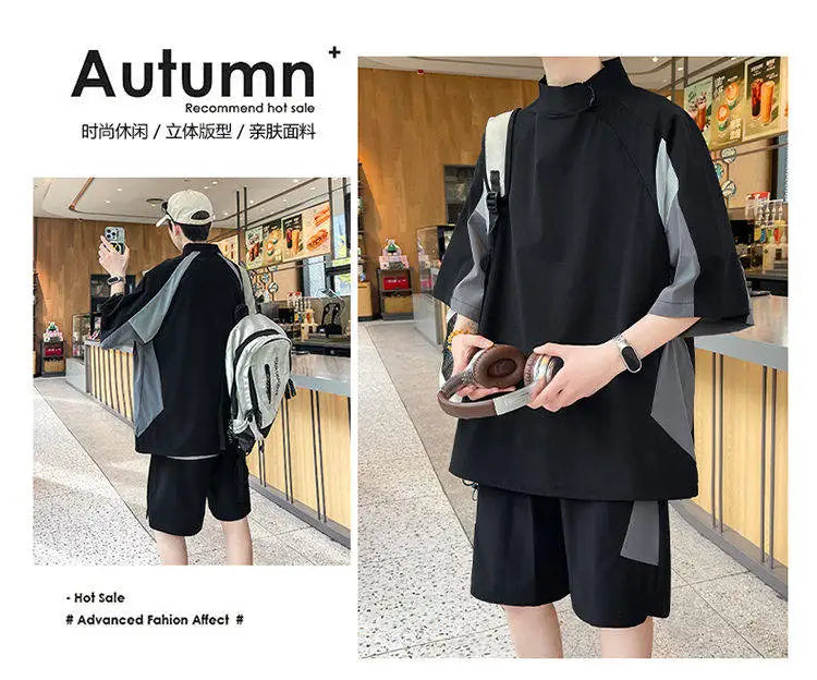 【T-Shirt + 5-Point Shorts】Men's T-Shirt Set Summer Fashion Nylon Blend Diagonal Neck Streetwear Sports Leisure Two-Piece Suit