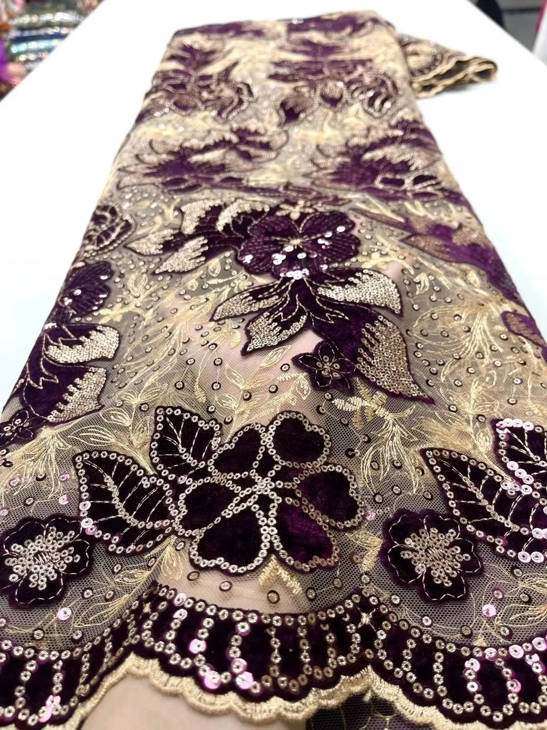 1 Yards African Velvet Tassel Lace Fabric with Intricate Embroidery Laser Cut Traditional Nigerian Attire Drapes Designs Sewing