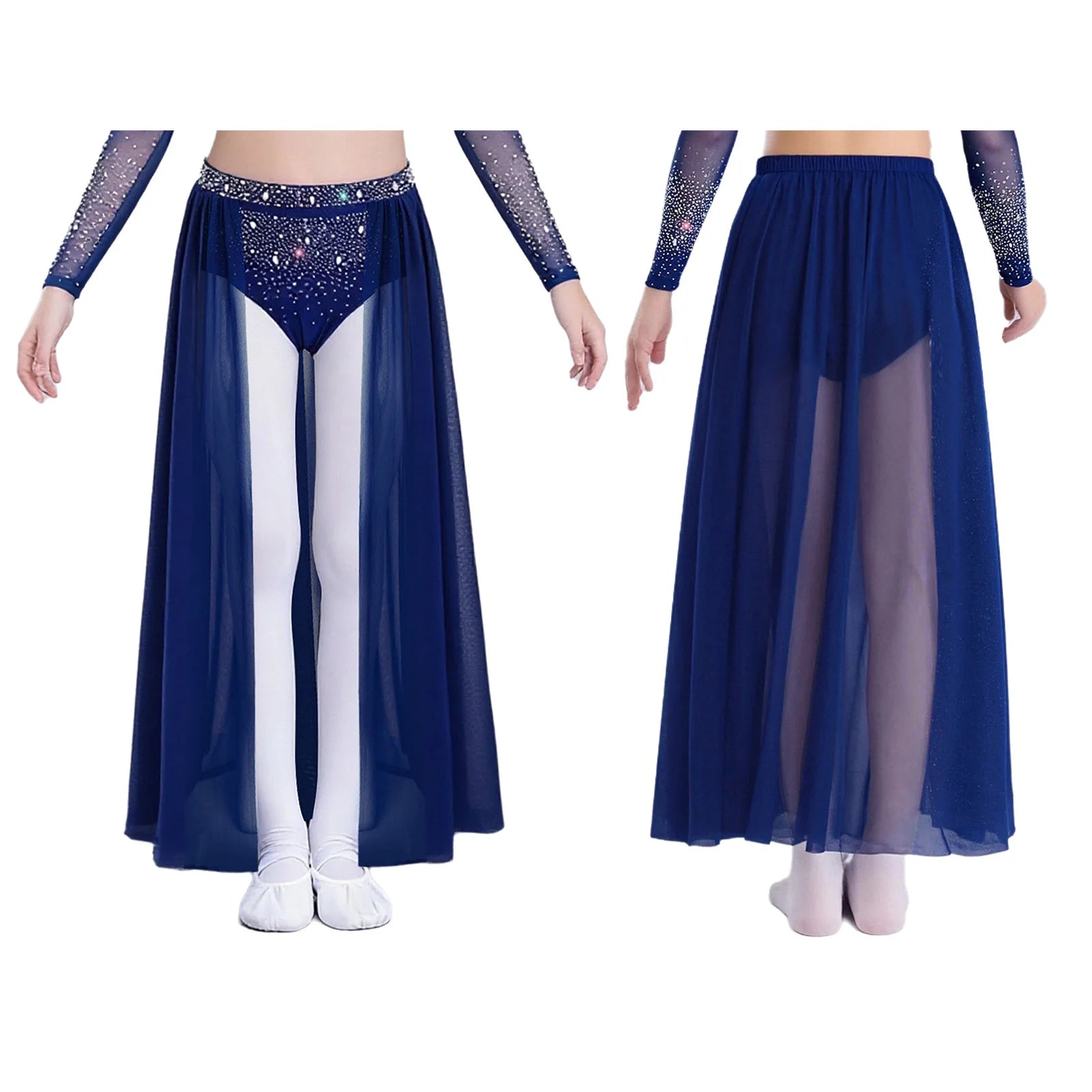 Kids Girls Lyrical Modern Dance Skirt Shiny Rhinestones Open Front Flowy Sheer Mesh Skirt with Built-in Briefs Ballet Dresses