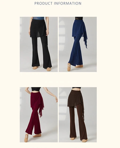 Modern Dance Pant Women Long Microflared Latin Trousers Mesh Wrap Skirt Classical Practice Costume Stage Line Dancewear Female