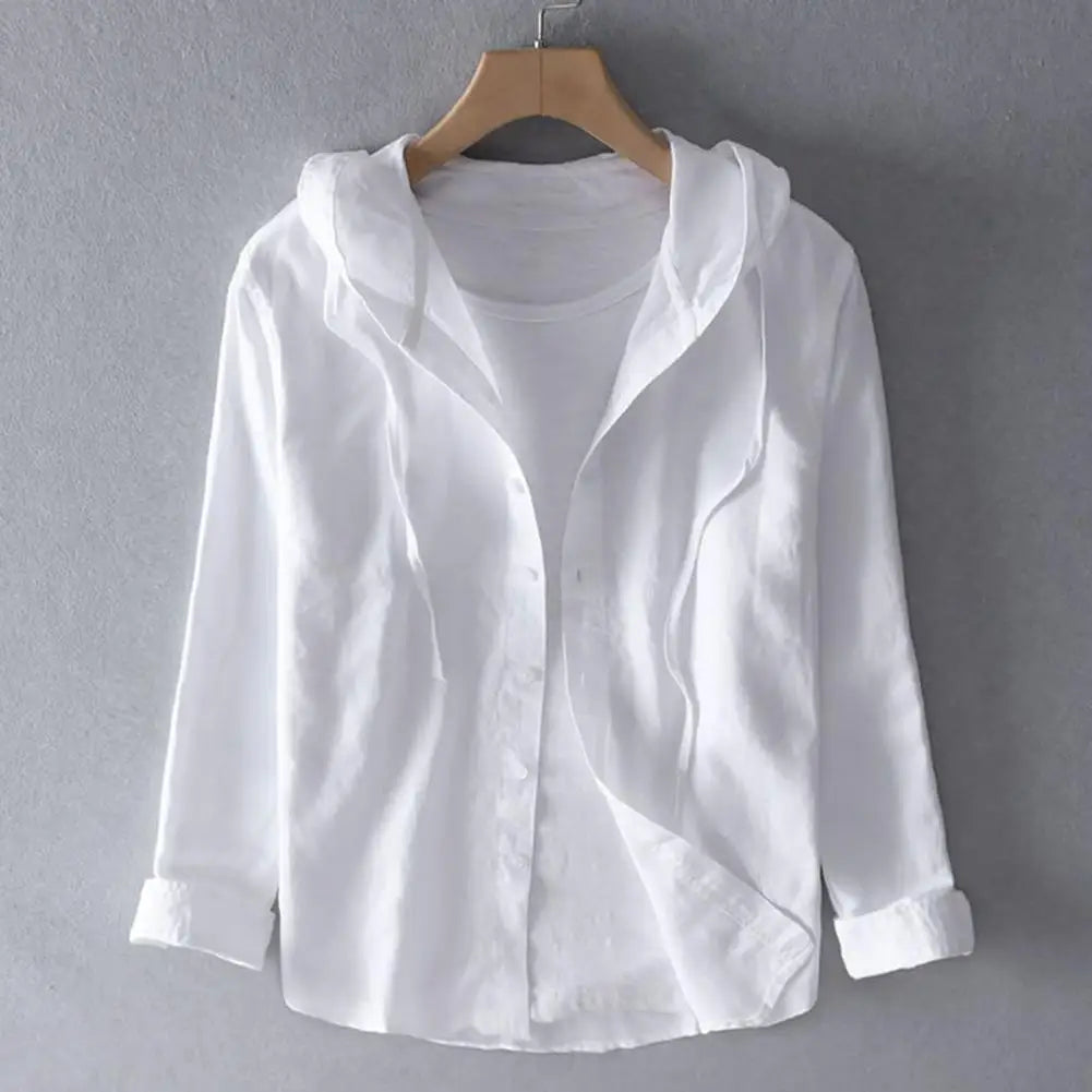 Men Summer Shirt Sun Anti UV Long Sleeve Hooded Drawstring Single breasted Soft Loose Breathable Cardigan Coat Top