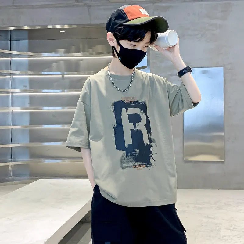 New Kids Boy Casual Tshirts Tops Novelty Printed Summer Children's T-shirt Short Sleeve Clothes Teenager Khaki Black Cotton Tees