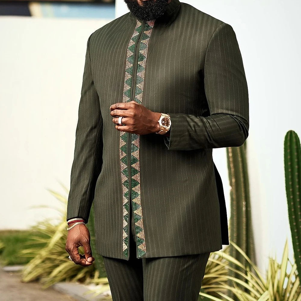 African Traditional Men Suit Printed Shirt Top Elastic Waist Pants White Wedding 2 Piece Set Outfits Ethnic Style Costumes