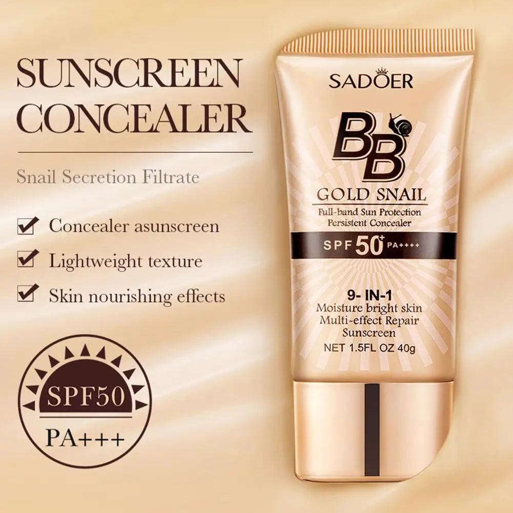 SPF50+ Gold Snail Sunscreen BB Cream Whitening Foundation Concealer Moisturizing Long Lasting Even Skin Tone Makeup Base Primer