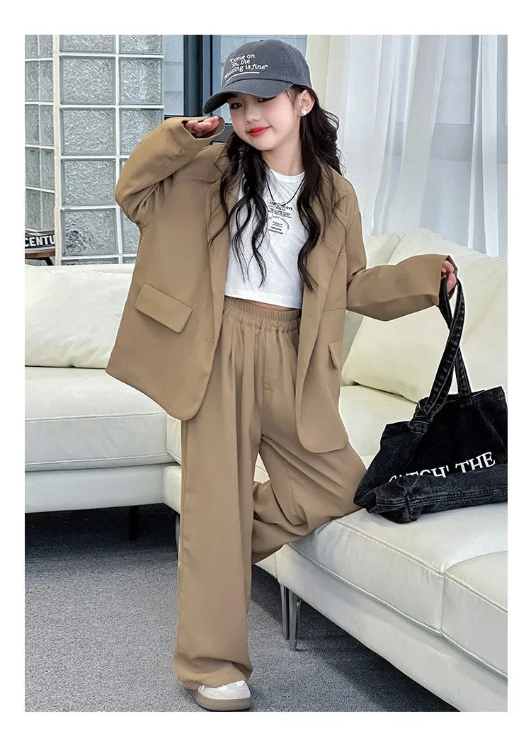 Girls Blazer Set Spring Autumn Fashion Loose Fit Jacket Trousers 2-Piece Kids Casual Outfit Trendy School Children Clothes Suit