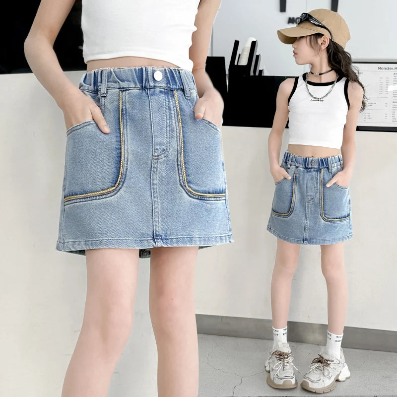 Korean Style Children Denim Mini Skirt with Inner Shorts For Girls Fashion Streetwear Summer Slim Fit Skirts with Pockets Front